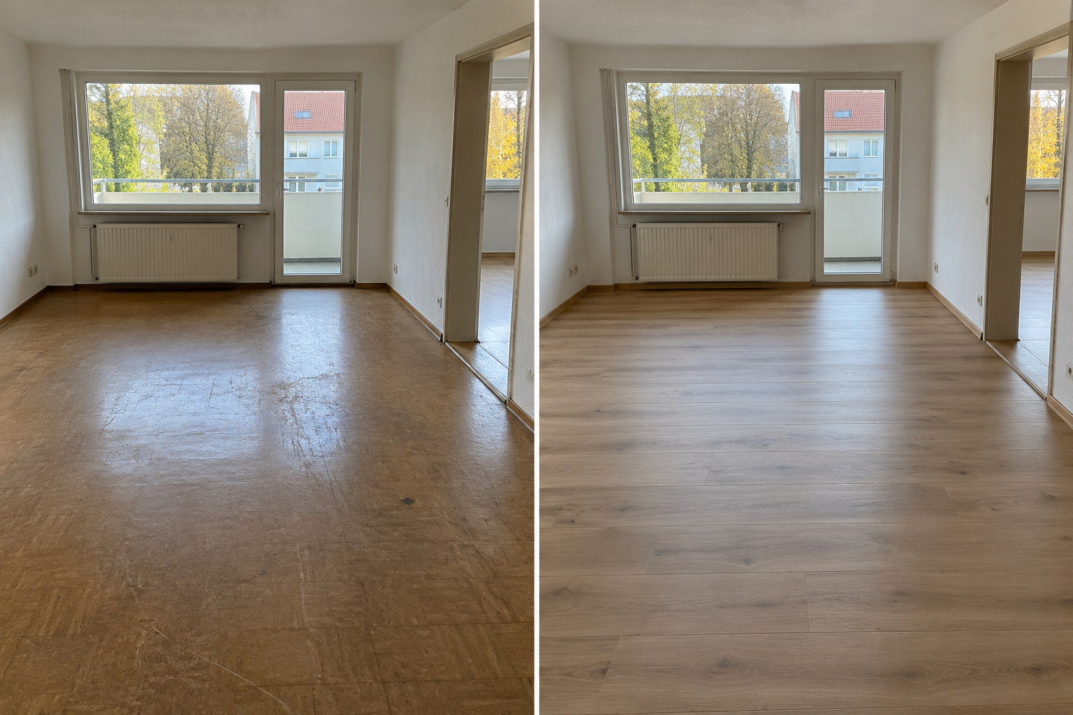 Beispiel eines Bodens vor und nach der Laminatverlegung
