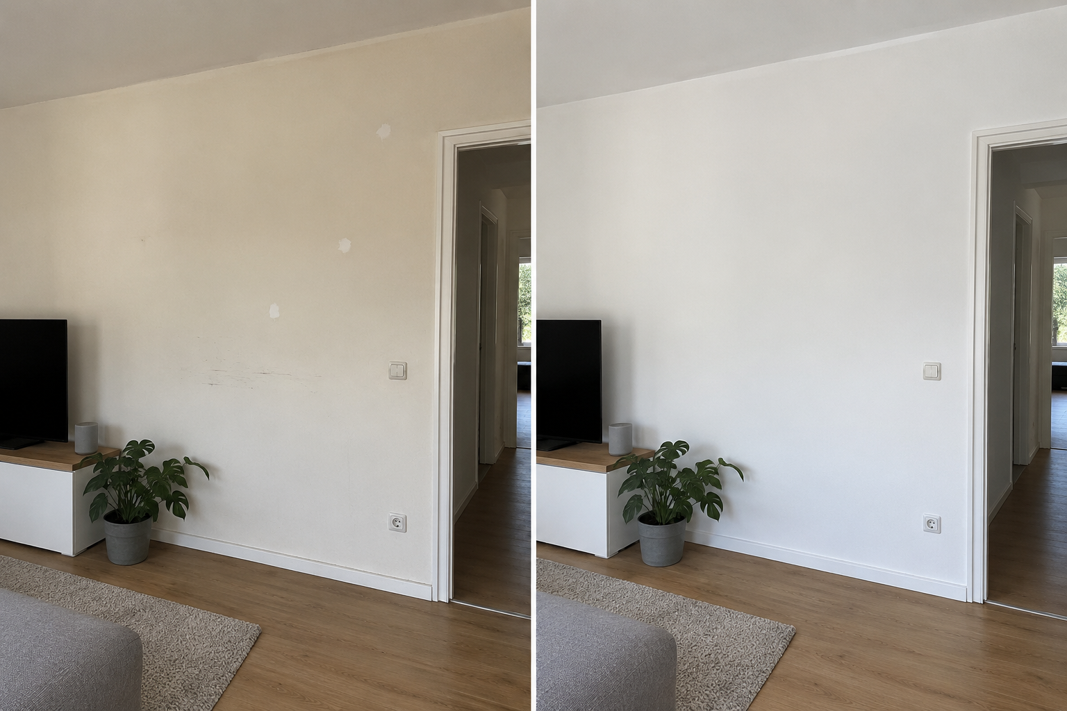 Beispiel einer Wand vor und nach professionellen Malerarbeiten