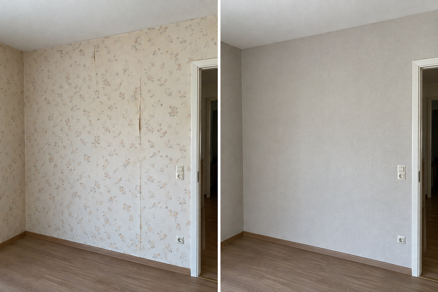Beispiel einer Wand vor und nach dem Tapezieren