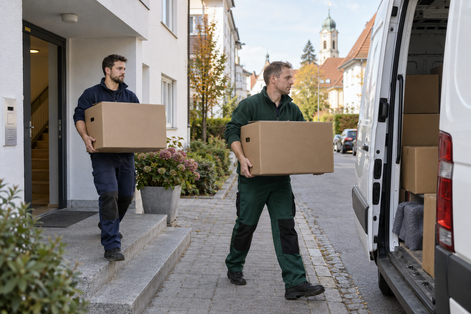 Professionelle Umzugshelfer von SD Gebäudeservice beim sicheren Transport von Umzugskartons